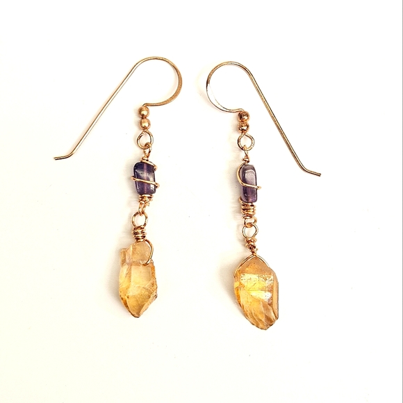 Yellow Crystal Point and Amethyst Wire Wrapped Earrings - Picture 1 of 6